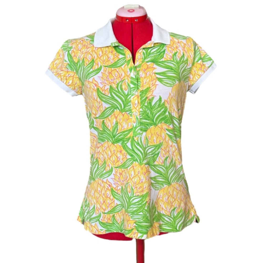 Lilly Pulitzer Yellow and Green Pineapple Print Polo Shirt Size Large